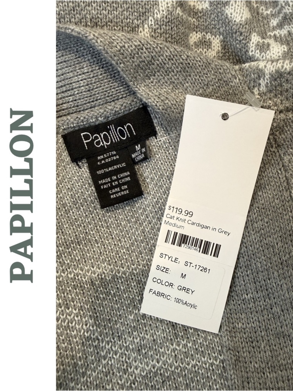 Papillon Cat Knit Cardigan Grey Long Duster Medium NWT - Picture 8 of 8